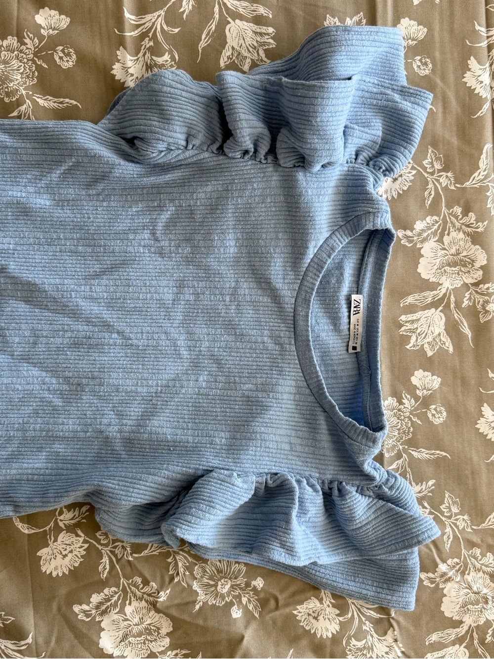 Zara Light Blue Ribbed Ruffle Sleeve Top - Picture 3 of 4